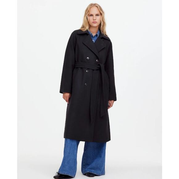 Madewell Jackets & Blazers - Madewell Double-Breasted Trench Coat Sz XS Black Drapey Wool-Blend Twill Belted
